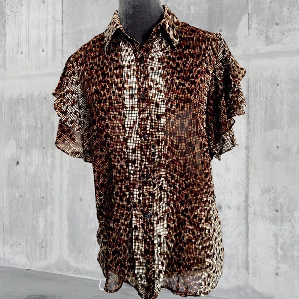 East 5th lightweight sheer pixilated leopard print double layer ruffle sleeves